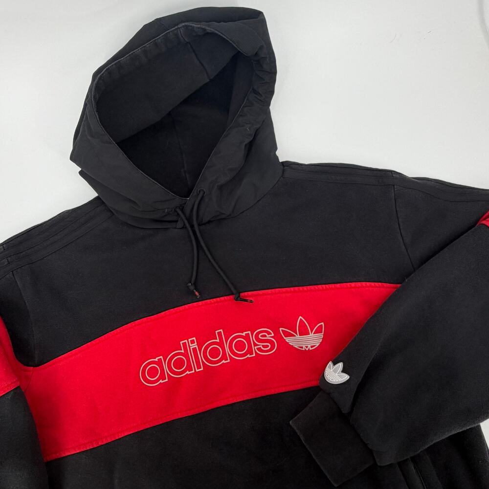 Adidas Sweater Men XL Black Red Hoodie Sweatshirt Pullover Trefoil Spell out